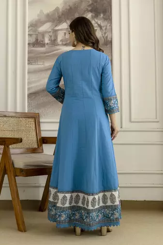 Blue cotton embroidery with sequnce work anarkali kurta pant set with printed dupatta