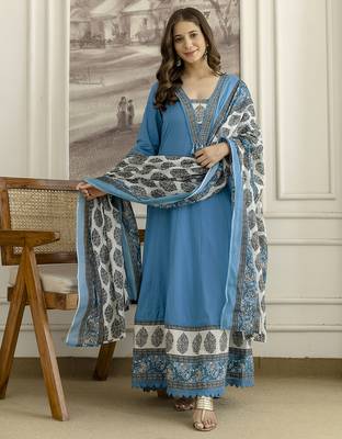 Blue cotton embroidery with sequnce work anarkali kurta pant set with printed dupatta 3