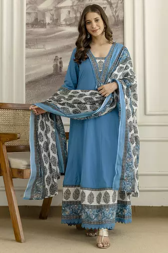 Blue cotton embroidery with sequnce work anarkali kurta pant set with printed dupatta