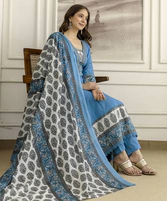 Blue cotton embroidery with sequnce work anarkali kurta pant set with printed dupatta 4