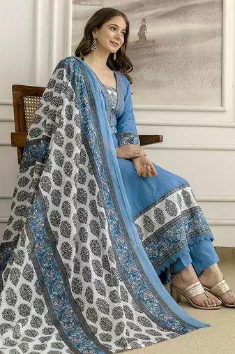 Blue cotton embroidery with sequnce work anarkali kurta pant set with printed dupatta