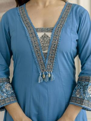 Blue cotton embroidery with sequnce work anarkali kurta pant set with printed dupatta 5