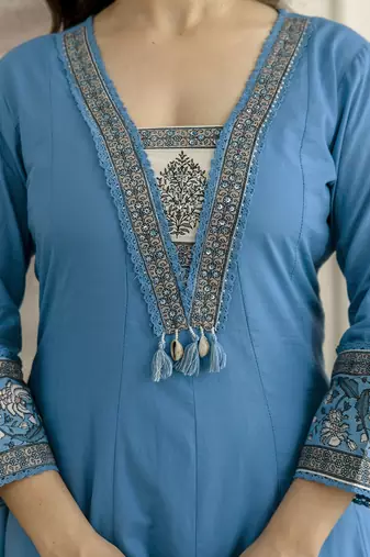 Blue cotton embroidery with sequnce work anarkali kurta pant set with printed dupatta