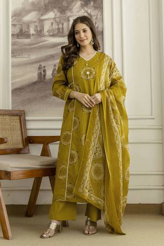Mustard cotton floral hand block printed sequin embroidery work a-line kurta pant dupatta