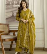 Mustard cotton floral hand block printed sequin embroidery work a-line kurta pant dupatta