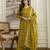 Mustard cotton floral hand block printed sequin embroidery work a-line kurta pant dupatta