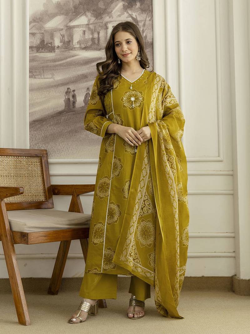 Mustard cotton floral hand block printed sequin embroidery work a-line kurta pant dupatta