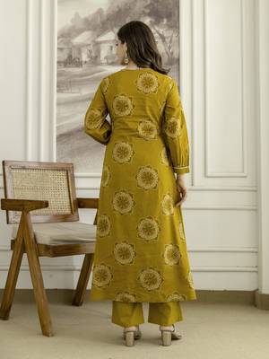 Mustard cotton floral hand block printed sequin embroidery work a-line kurta pant dupatta 2
