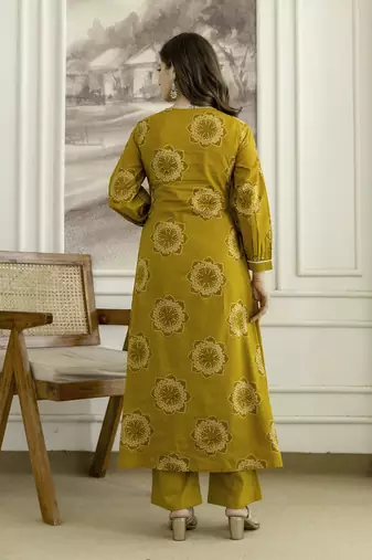 Mustard cotton floral hand block printed sequin embroidery work a-line kurta pant dupatta