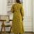 Mustard cotton floral hand block printed sequin embroidery work a-line kurta pant dupatta