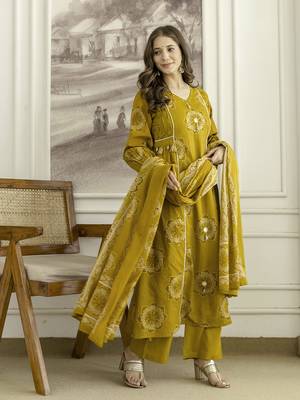 Mustard cotton floral hand block printed sequin embroidery work a-line kurta pant dupatta 3