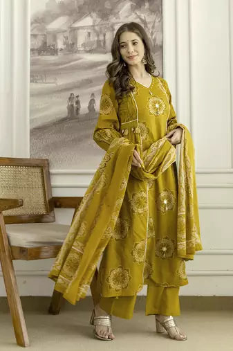 Mustard cotton floral hand block printed sequin embroidery work a-line kurta pant dupatta