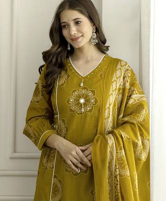 Mustard cotton floral hand block printed sequin embroidery work a-line kurta pant dupatta 4