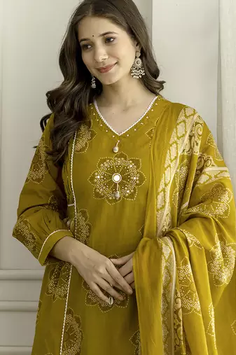 Mustard cotton floral hand block printed sequin embroidery work a-line kurta pant dupatta