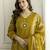 Mustard cotton floral hand block printed sequin embroidery work a-line kurta pant dupatta