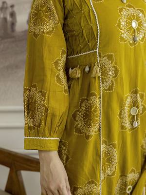 Mustard cotton floral hand block printed sequin embroidery work a-line kurta pant dupatta 5