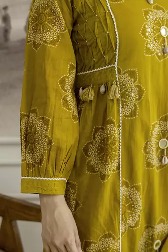 Mustard cotton floral hand block printed sequin embroidery work a-line kurta pant dupatta