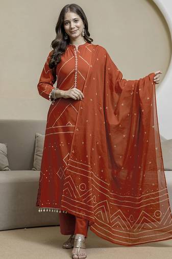 Cotton orange print, mirror & shell tassel work kurta pant dupatta