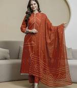 Cotton orange print, mirror & shell tassel work kurta pant dupatta