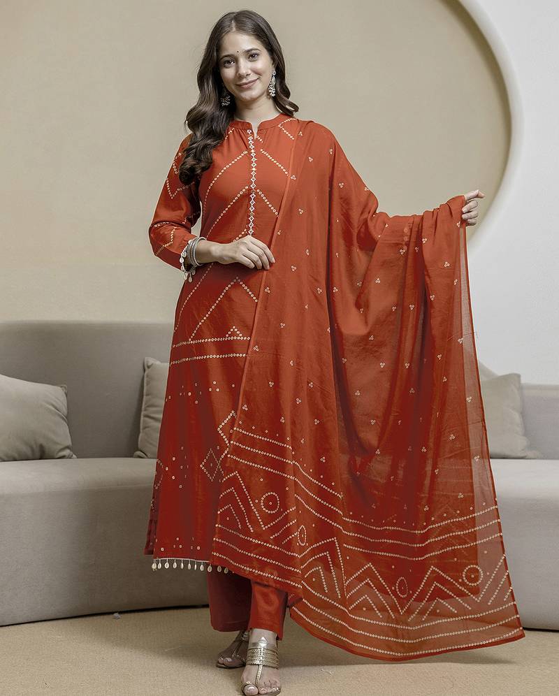 Cotton orange print, mirror & shell tassel work kurta pant dupatta