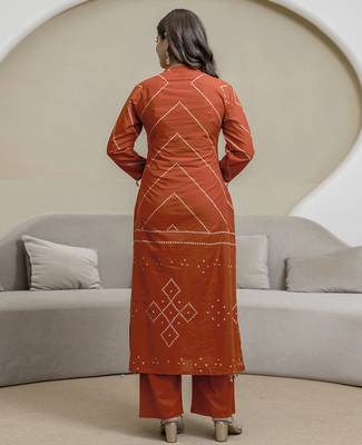 Cotton orange print, mirror & shell tassel work kurta pant dupatta 2