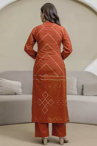 Cotton orange print, mirror & shell tassel work kurta pant dupatta