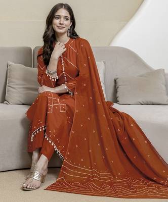 Cotton orange print, mirror & shell tassel work kurta pant dupatta 3
