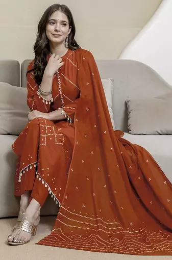 Cotton orange print, mirror & shell tassel work kurta pant dupatta