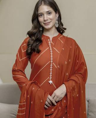 Cotton orange print, mirror & shell tassel work kurta pant dupatta 4