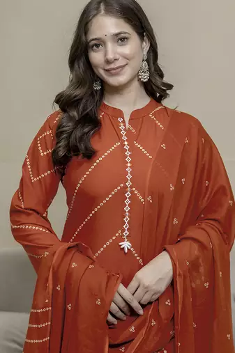 Cotton orange print, mirror & shell tassel work kurta pant dupatta
