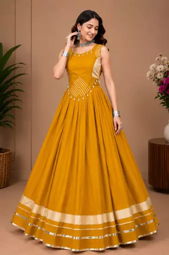 Mustard Color Fancy Plain Lehenga With Lace Patti Work Blouse For Navratri - full stitched free size