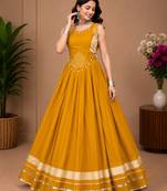 Mustard Color Fancy Plain Lehenga With Lace Patti Work Blouse For Navratri - full stitched free size