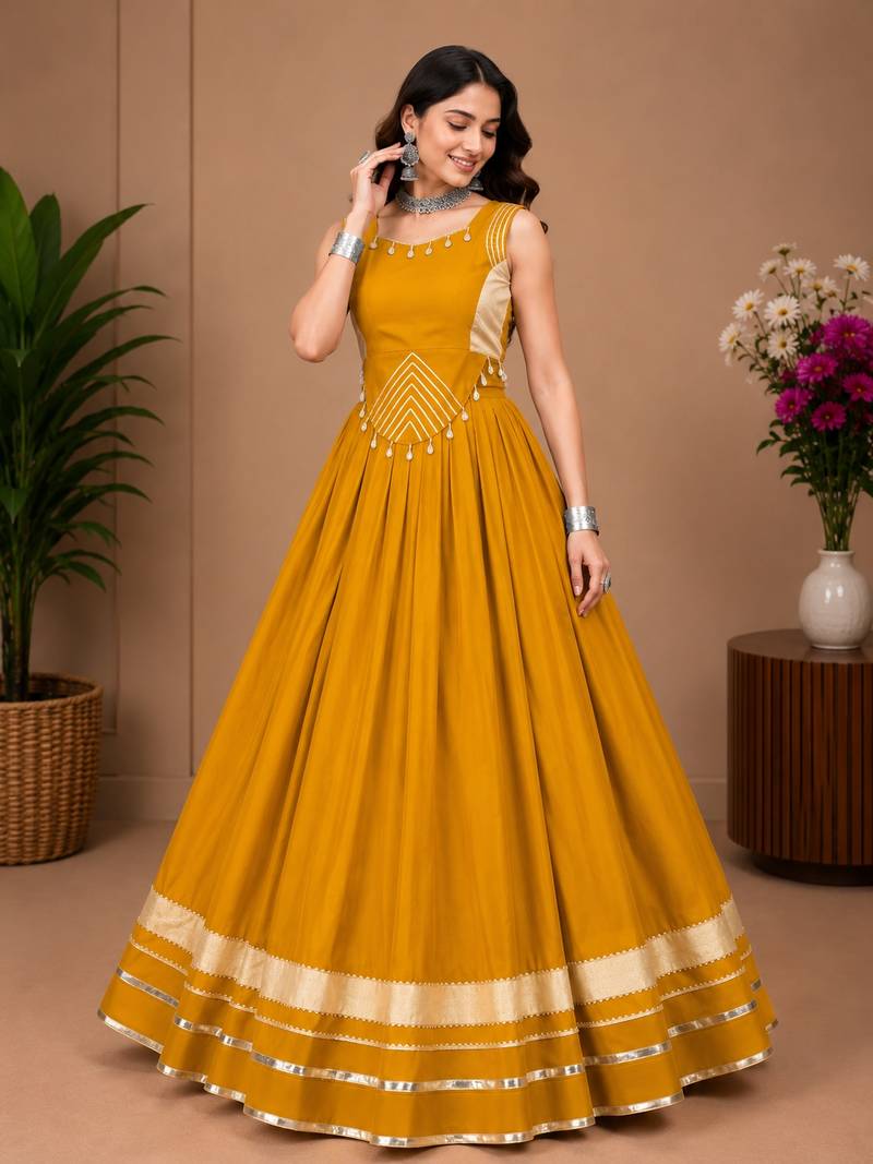 Mustard Color Fancy Plain Lehenga With Lace Patti Work Blouse For Navratri - full stitched free size
