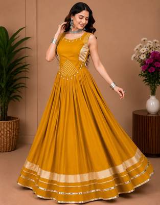 Mustard Color Fancy Plain Lehenga With Lace Patti Work Blouse For Navratri - full stitched free size 2