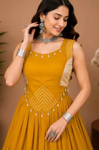 Mustard Color Fancy Plain Lehenga With Lace Patti Work Blouse For Navratri - full stitched free size