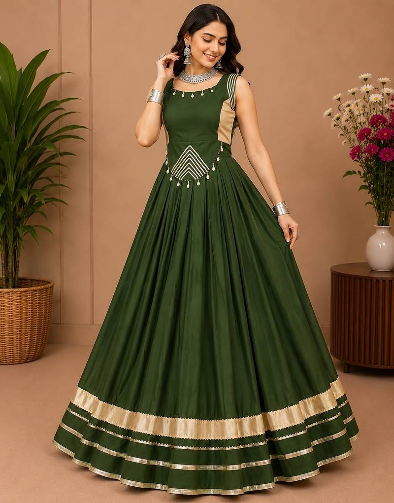 Mehendi Color Fancy Plain Lehenga With Lace Patti Work Blouse For Navratri - full stitched free size