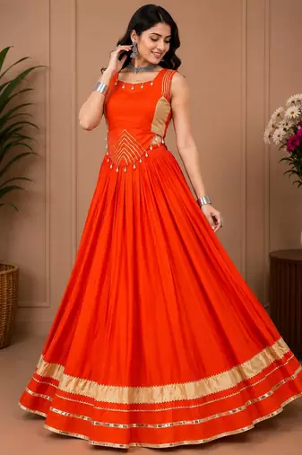 Orange Color Fancy Plain Lehenga With Lace Patti Work Blouse For Navratri - full stitched free size