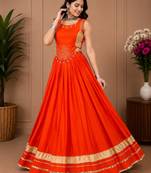 Orange Color Fancy Plain Lehenga With Lace Patti Work Blouse For Navratri - full stitched free size
