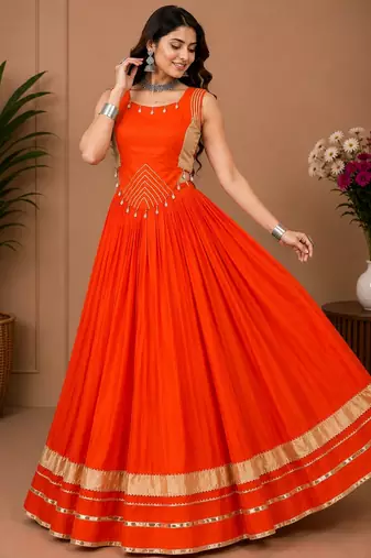 Orange Color Fancy Plain Lehenga With Lace Patti Work Blouse For Navratri - full stitched free size
