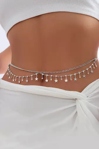 Silver plated cz studded star tassel kamar bandh waist belly chain jewellery  gift for women
