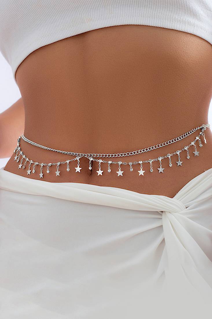 Silver plated cz studded star tassel kamar bandh waist belly chain jewellery  gift for women