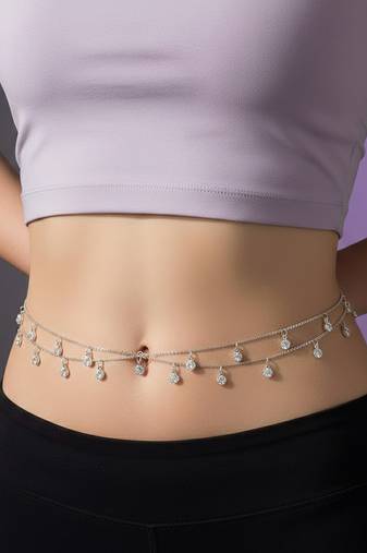 Crystal studded silver plated fancy kamarbandh belly chain waist chain jewellery for women