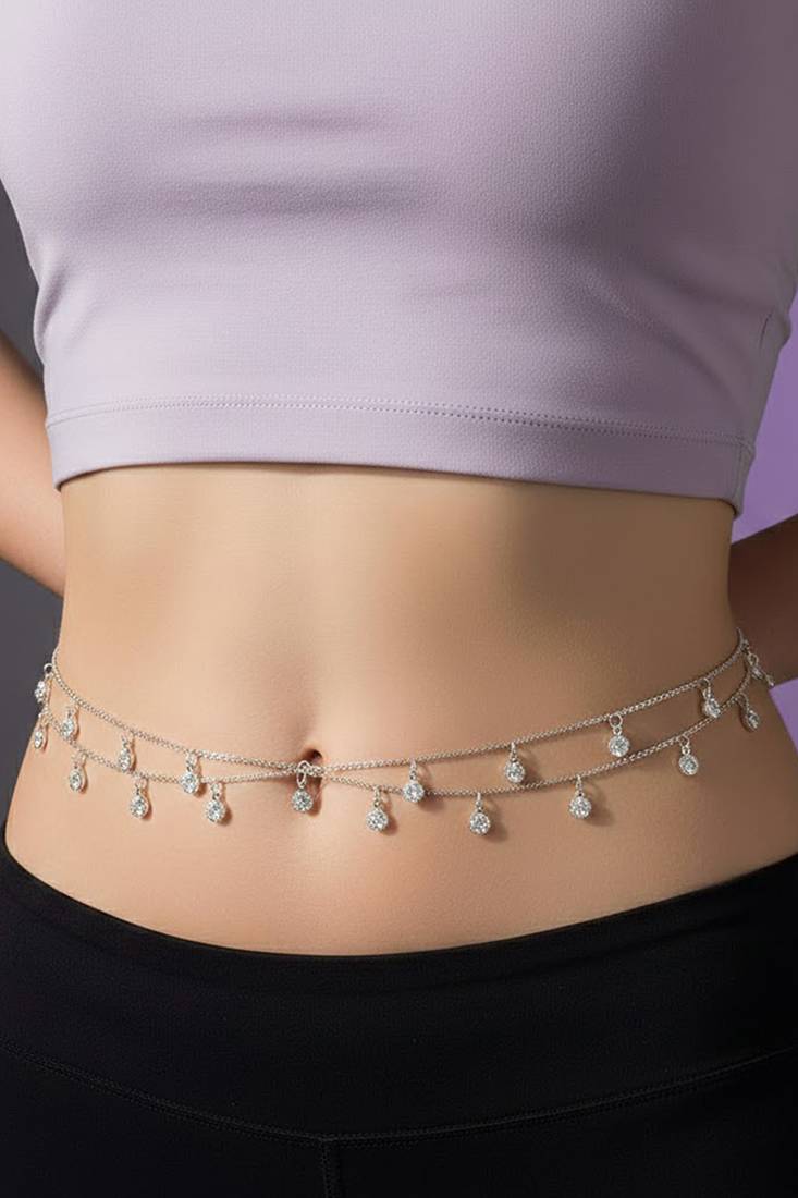 Crystal studded silver plated fancy kamarbandh belly chain waist chain jewellery for women