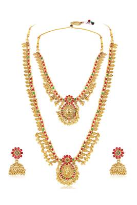 Goddess lakshmi faux ruby faux emerald studded bridal short long necklace earrings set 1