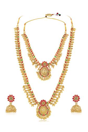 Goddess lakshmi faux ruby faux emerald studded bridal short long necklace earrings set