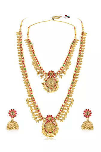 Goddess lakshmi faux ruby faux emerald studded bridal short long necklace earrings set