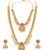 Goddess lakshmi faux ruby faux emerald studded bridal short long necklace earrings set