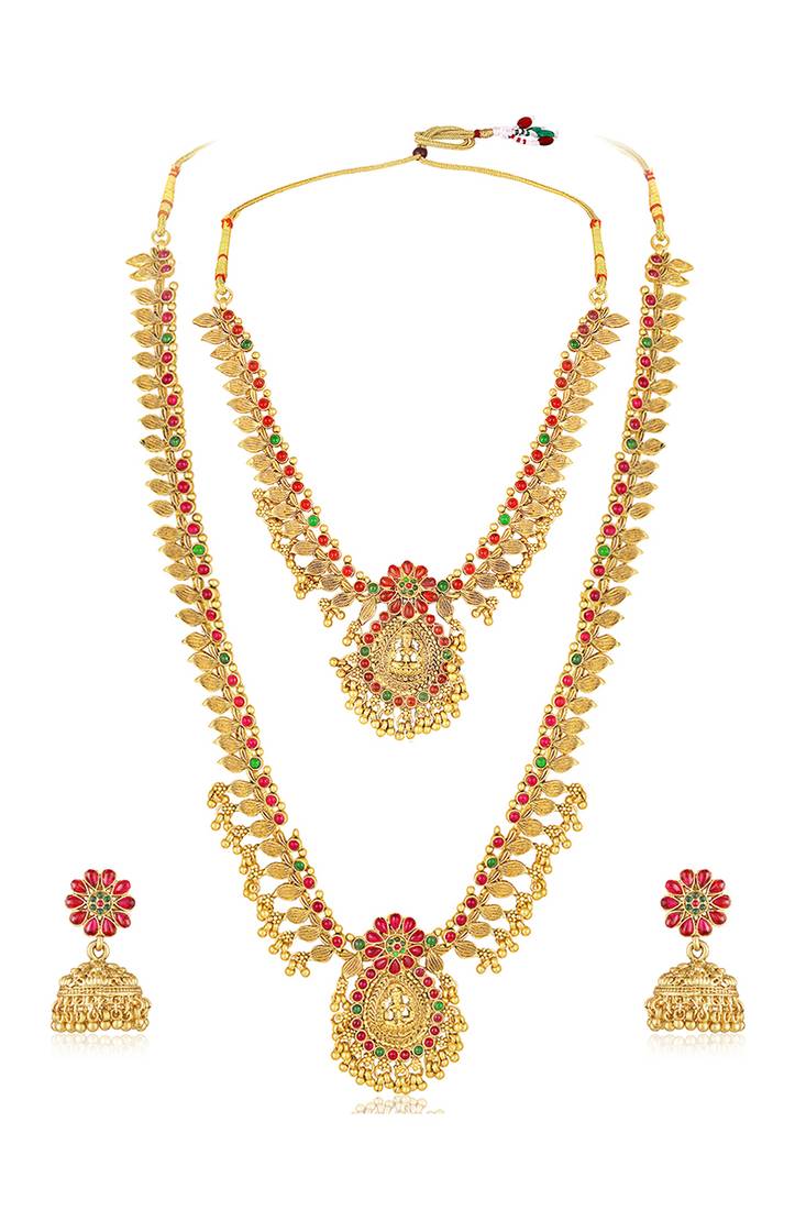 Goddess lakshmi faux ruby faux emerald studded bridal short long necklace earrings set