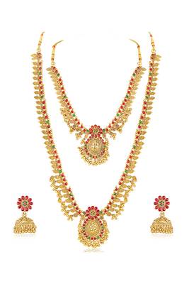 Goddess lakshmi faux ruby faux emerald studded bridal short long necklace earrings set 3