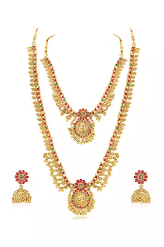 Goddess lakshmi faux ruby faux emerald studded bridal short long necklace earrings set